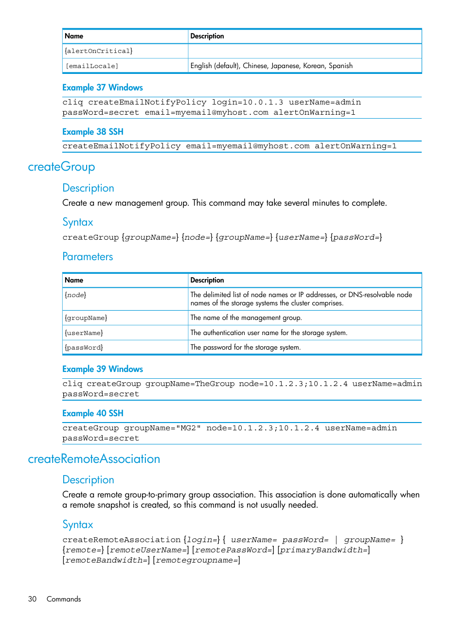 Creategroup, Createremoteassociation, Creategroup createremoteassociation | Description, Syntax, Parameters | HP StoreVirtual 4000 Storage User Manual | Page 30 / 122