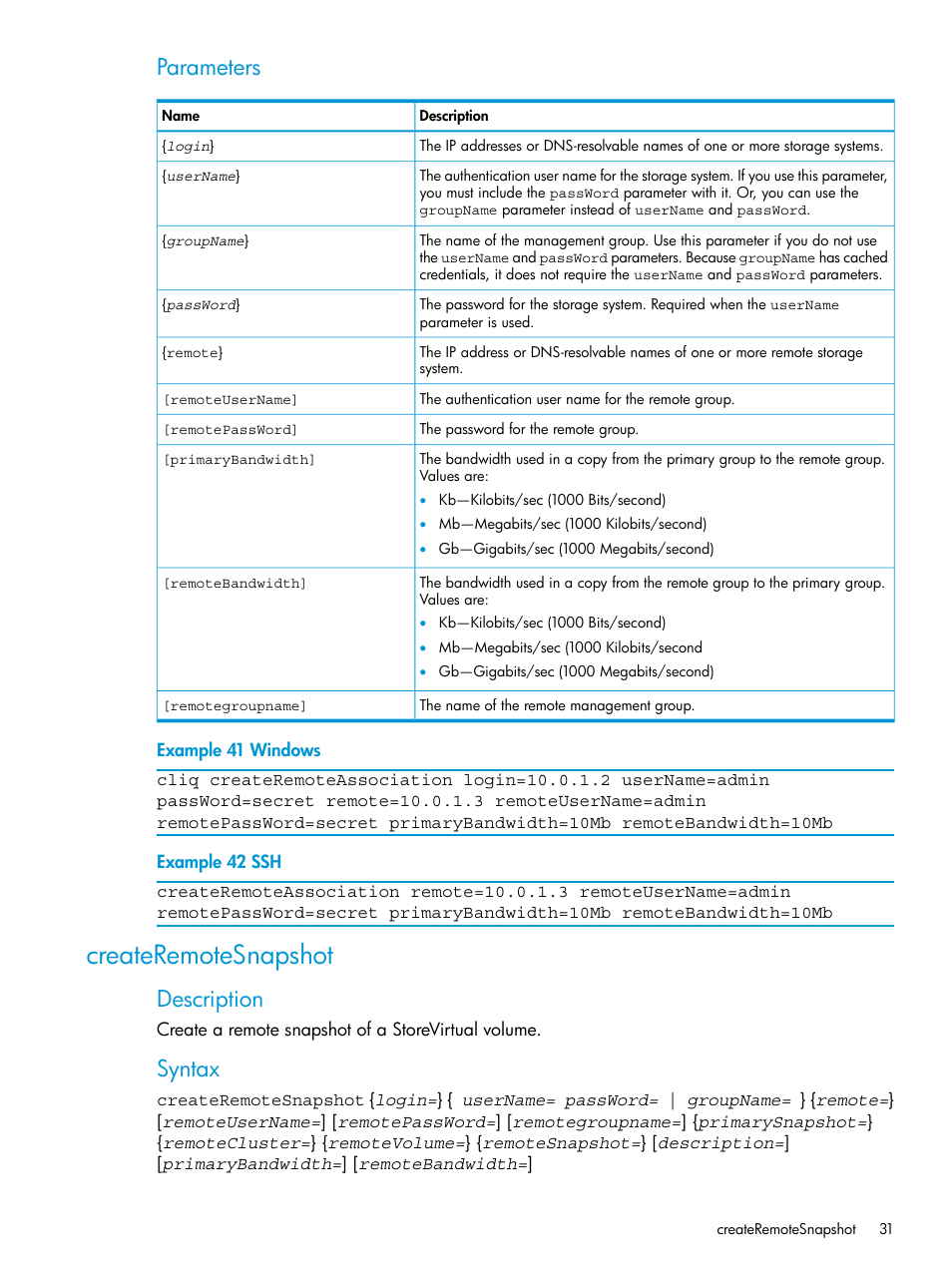 Createremotesnapshot, Parameters, Description | Syntax | HP StoreVirtual 4000 Storage User Manual | Page 31 / 122
