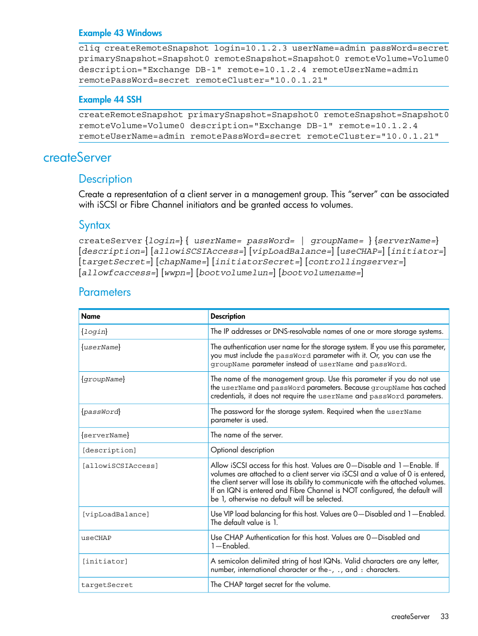 Createserver, Description, Syntax | Parameters | HP StoreVirtual 4000 Storage User Manual | Page 33 / 122