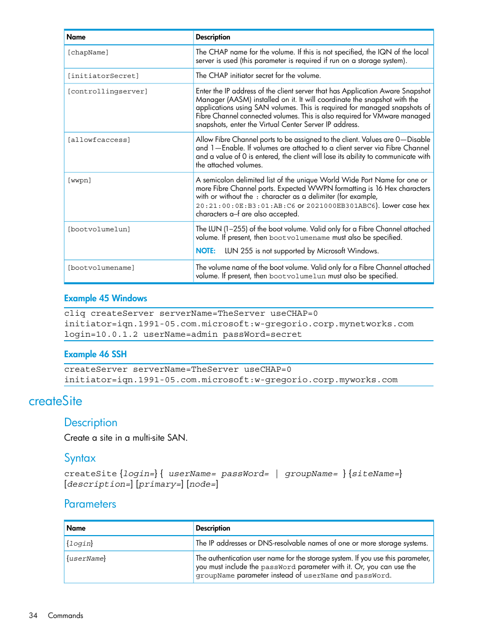 Createsite, Description, Syntax | Parameters | HP StoreVirtual 4000 Storage User Manual | Page 34 / 122