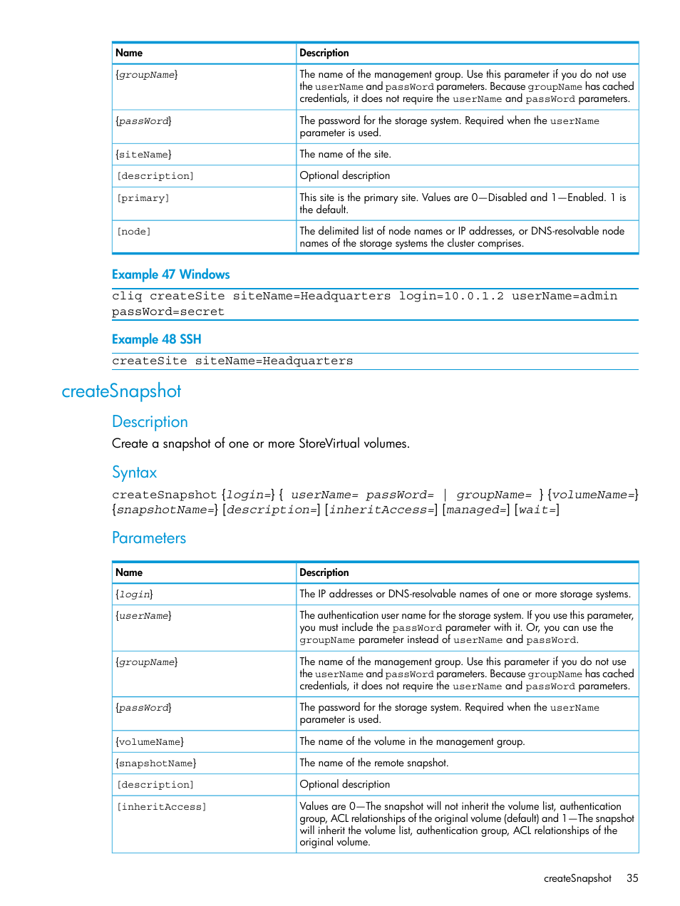 Createsnapshot, Description, Syntax | Parameters | HP StoreVirtual 4000 Storage User Manual | Page 35 / 122
