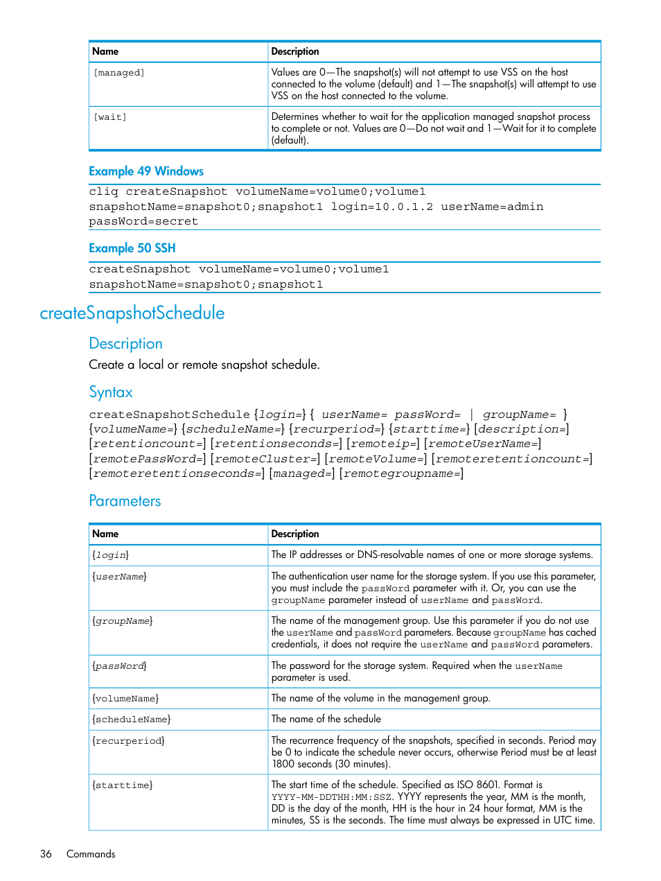 Createsnapshotschedule, Description, Syntax | Parameters | HP StoreVirtual 4000 Storage User Manual | Page 36 / 122