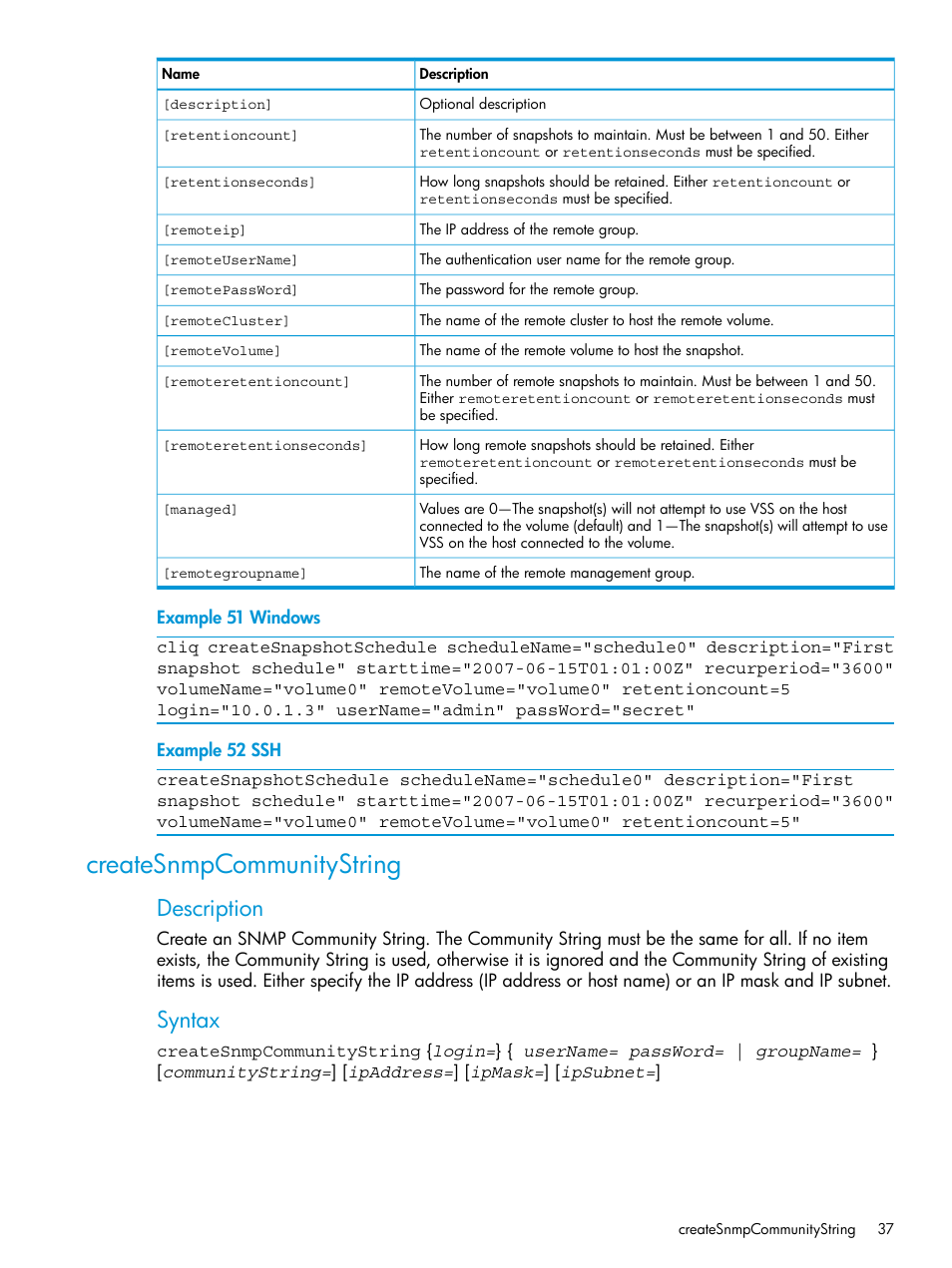 Createsnmpcommunitystring, Description, Syntax | HP StoreVirtual 4000 Storage User Manual | Page 37 / 122
