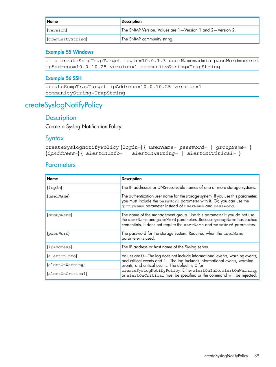 Createsyslognotifypolicy, Description, Syntax | Parameters | HP StoreVirtual 4000 Storage User Manual | Page 39 / 122