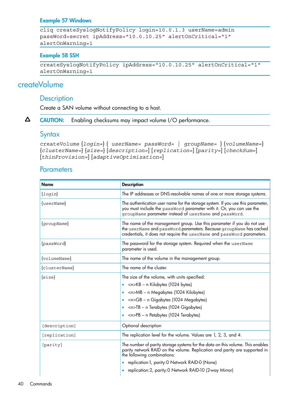 Createvolume, Description, Syntax | Parameters | HP StoreVirtual 4000 Storage User Manual | Page 40 / 122