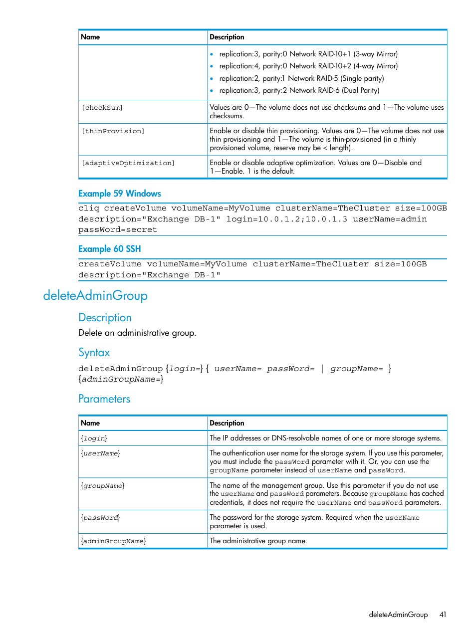 Deleteadmingroup, Description, Syntax | Parameters | HP StoreVirtual 4000 Storage User Manual | Page 41 / 122