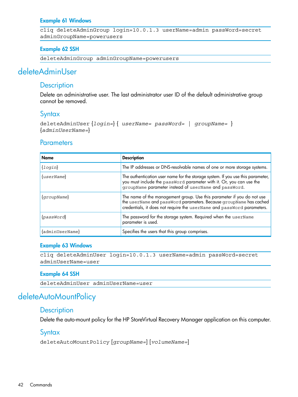 Deleteadminuser, Deleteautomountpolicy, Deleteadminuser deleteautomountpolicy | Description, Syntax, Parameters | HP StoreVirtual 4000 Storage User Manual | Page 42 / 122