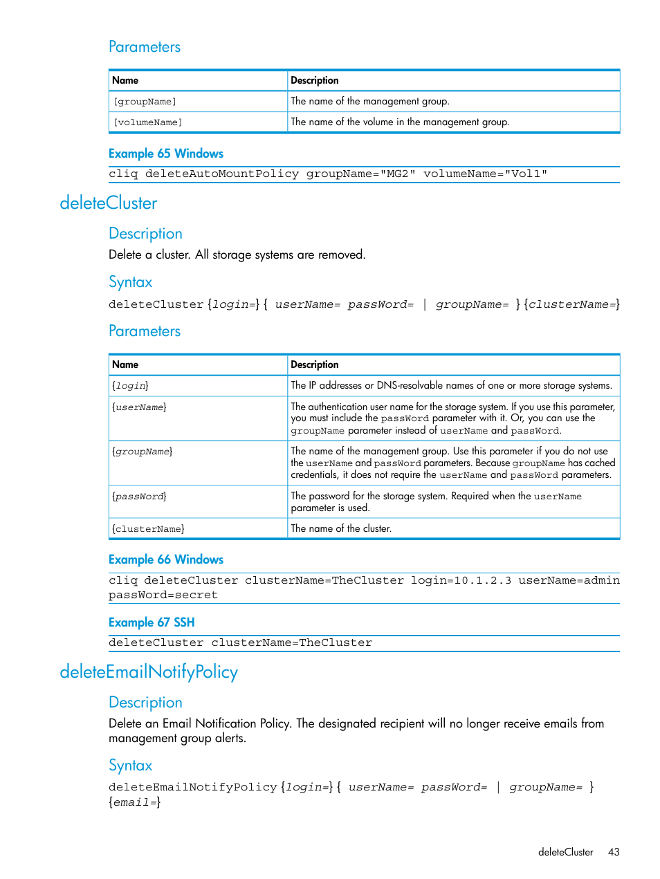 Deletecluster, Deleteemailnotifypolicy, Deletecluster deleteemailnotifypolicy | Parameters, Description, Syntax | HP StoreVirtual 4000 Storage User Manual | Page 43 / 122