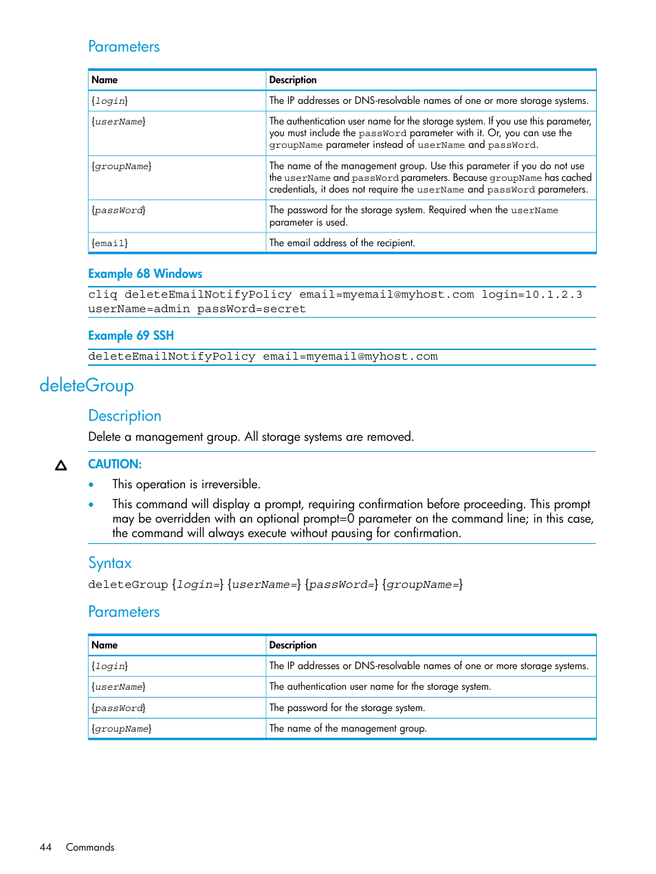 Deletegroup, Parameters, Description | Syntax | HP StoreVirtual 4000 Storage User Manual | Page 44 / 122