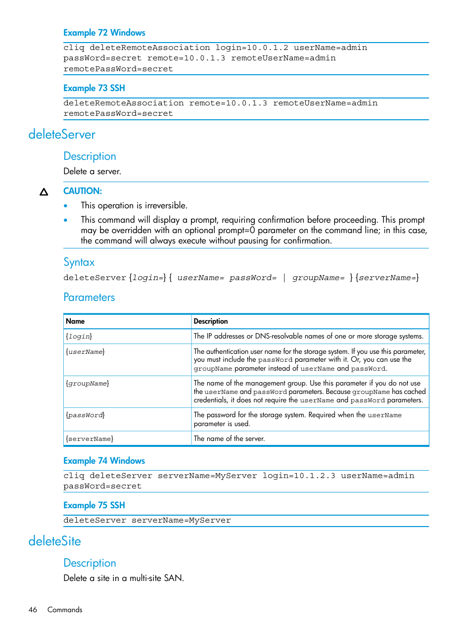 Deleteserver, Deletesite, Deleteserver deletesite | Description, Syntax, Parameters | HP StoreVirtual 4000 Storage User Manual | Page 46 / 122