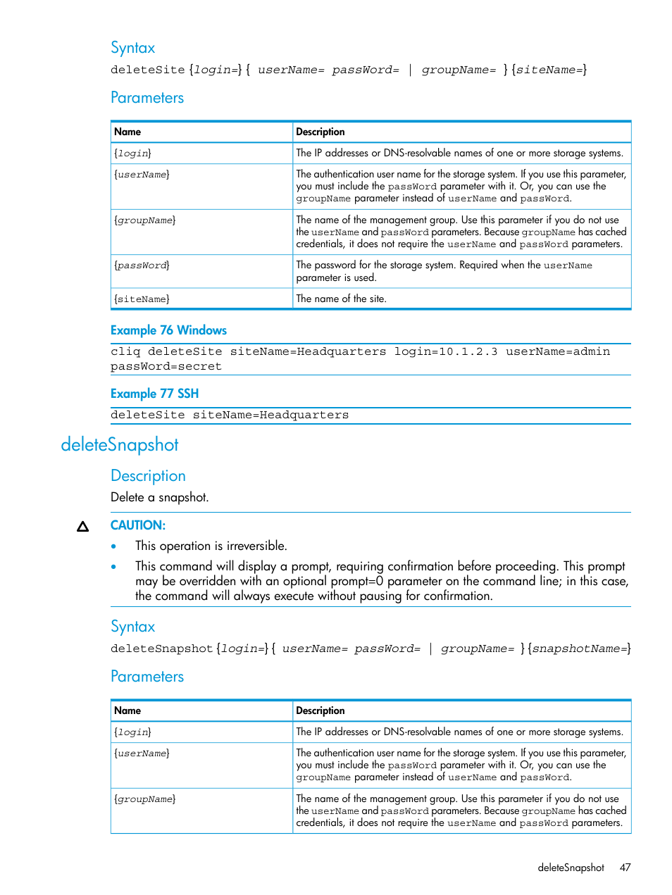 Deletesnapshot, Syntax, Parameters | Description | HP StoreVirtual 4000 Storage User Manual | Page 47 / 122