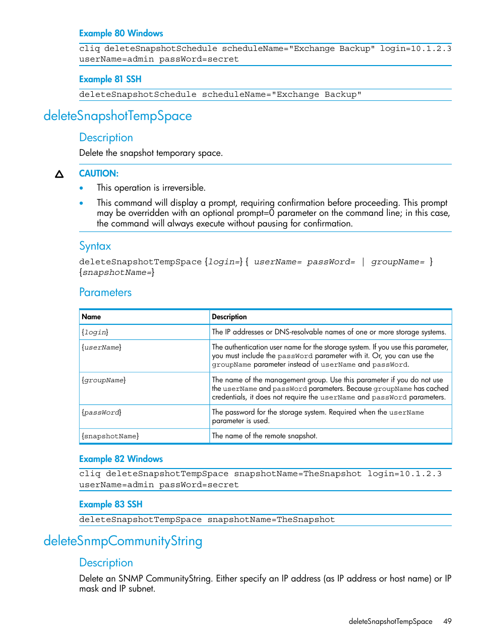 Deletesnapshottempspace, Deletesnmpcommunitystring, Deletesnapshottempspace deletesnmpcommunitystring | Description, Syntax, Parameters | HP StoreVirtual 4000 Storage User Manual | Page 49 / 122