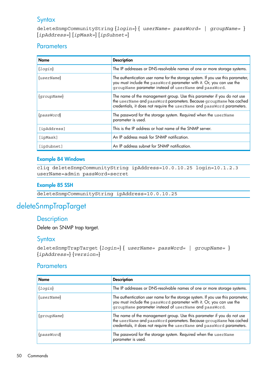 Deletesnmptraptarget, Syntax, Parameters | Description | HP StoreVirtual 4000 Storage User Manual | Page 50 / 122