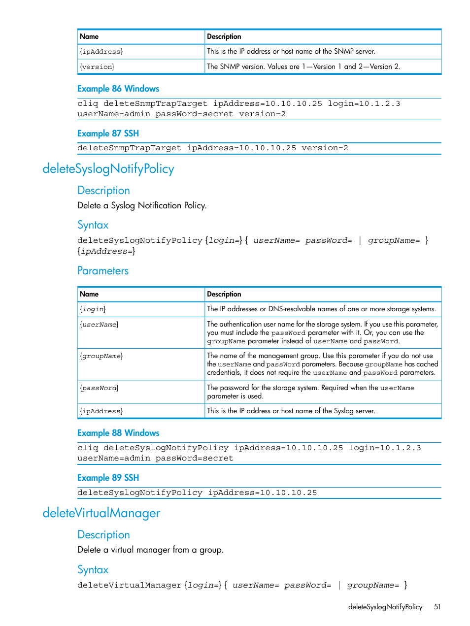 Deletesyslognotifypolicy, Deletevirtualmanager, Deletesyslognotifypolicy deletevirtualmanager | Description, Syntax, Parameters | HP StoreVirtual 4000 Storage User Manual | Page 51 / 122