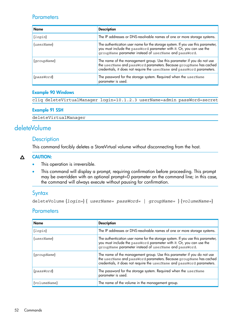 Deletevolume, Parameters, Description | Syntax | HP StoreVirtual 4000 Storage User Manual | Page 52 / 122