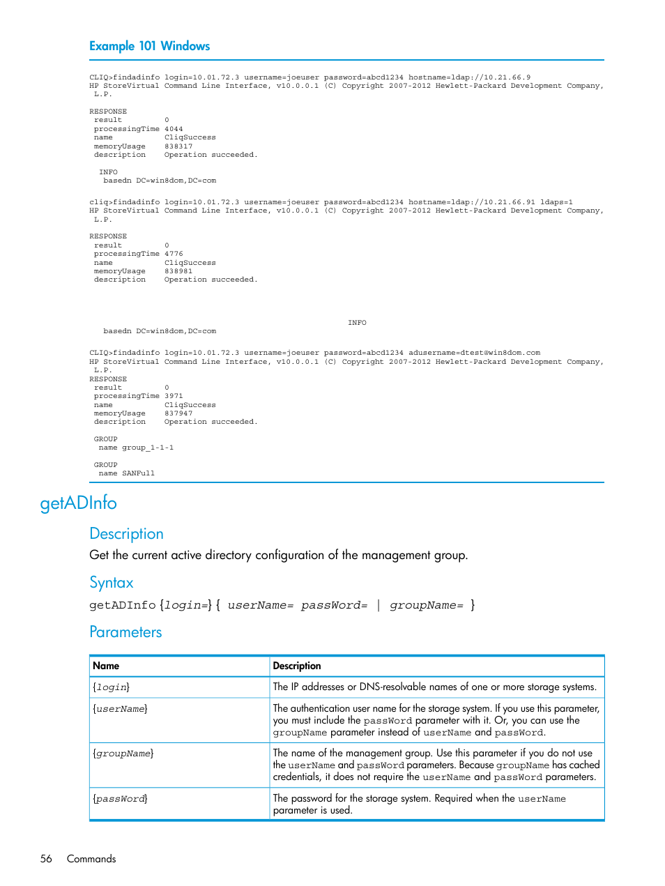 Getadinfo, Description, Syntax | Parameters | HP StoreVirtual 4000 Storage User Manual | Page 56 / 122