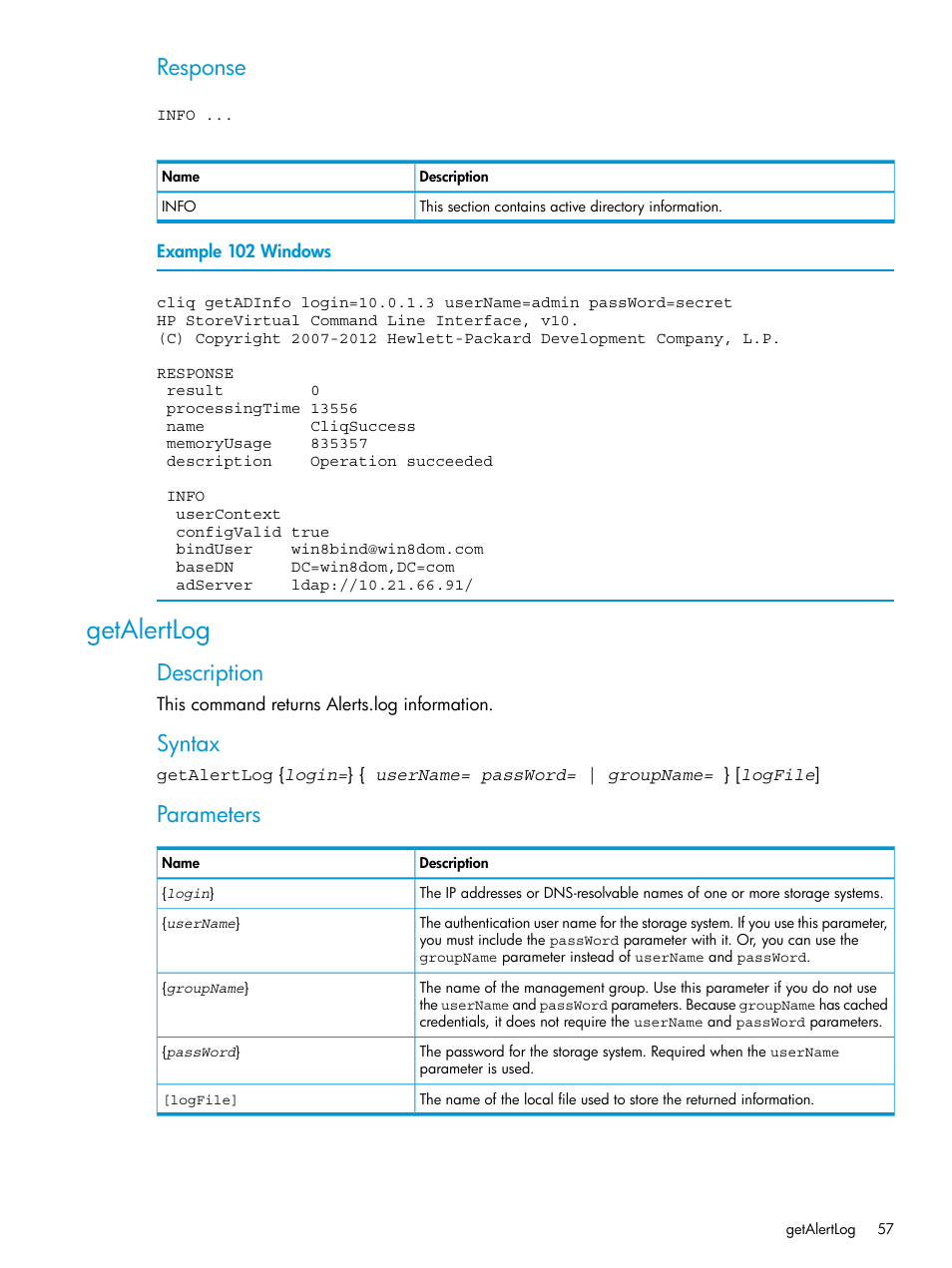 Getalertlog, Response, Description | Syntax, Parameters | HP StoreVirtual 4000 Storage User Manual | Page 57 / 122