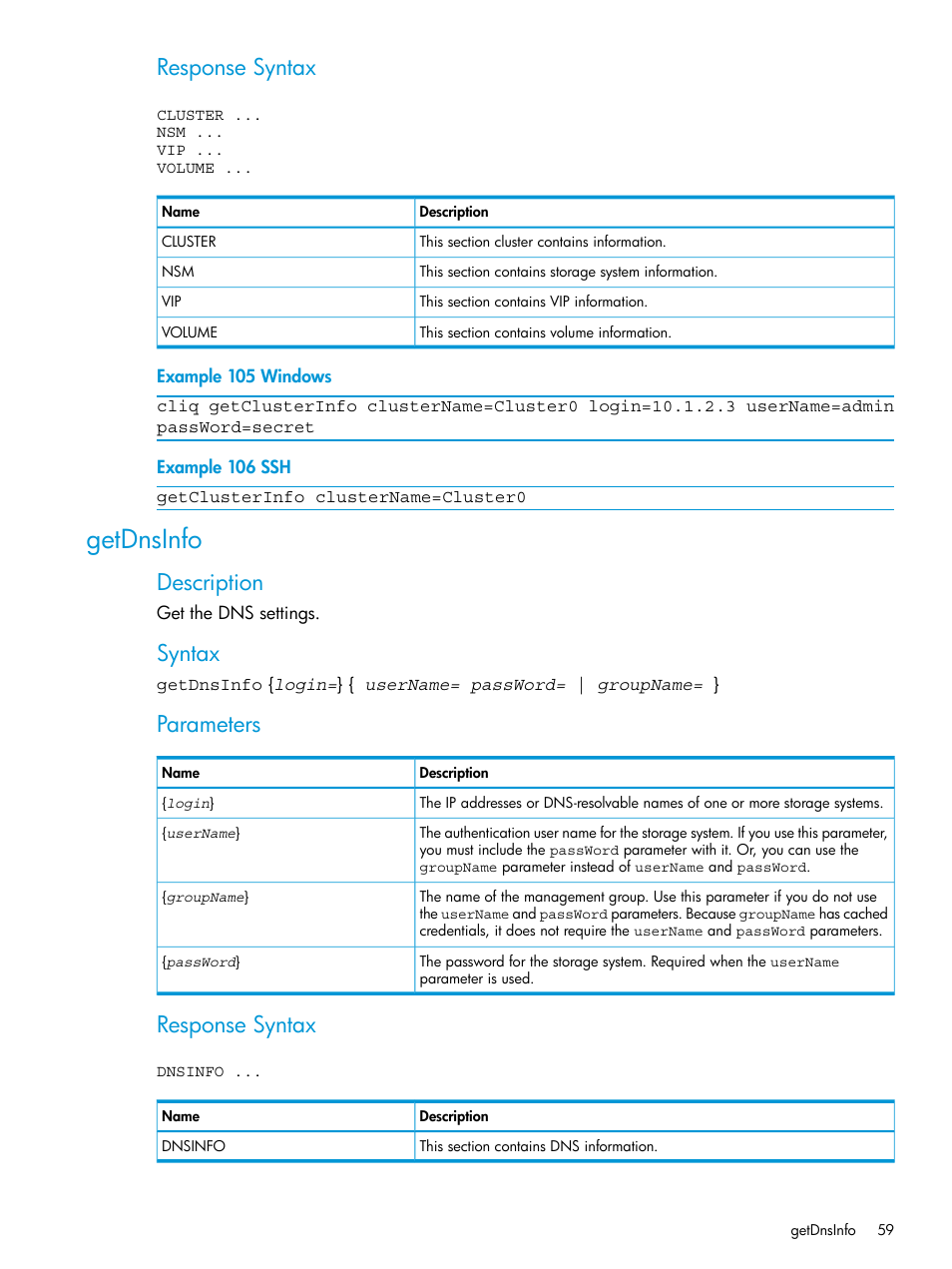 Getdnsinfo, Response syntax, Description | Syntax, Parameters | HP StoreVirtual 4000 Storage User Manual | Page 59 / 122