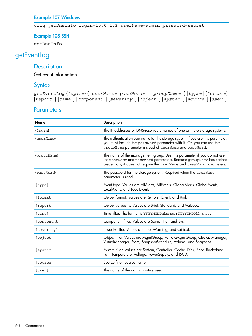 Geteventlog, Description, Syntax | Parameters | HP StoreVirtual 4000 Storage User Manual | Page 60 / 122