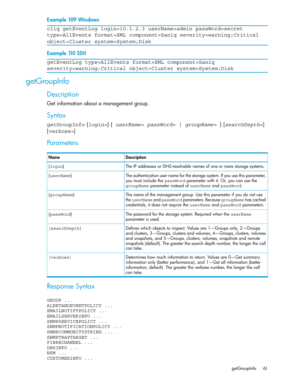 Getgroupinfo, Description, Syntax | Parameters, Response syntax | HP StoreVirtual 4000 Storage User Manual | Page 61 / 122