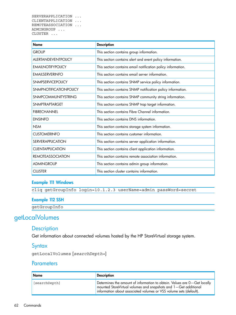 Getlocalvolumes, Description, Syntax | Parameters | HP StoreVirtual 4000 Storage User Manual | Page 62 / 122