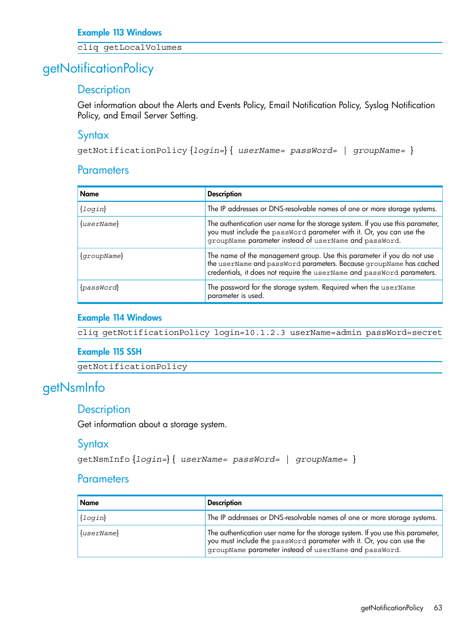 Getnotificationpolicy, Getnsminfo, Getnotificationpolicy getnsminfo | Description, Syntax, Parameters | HP StoreVirtual 4000 Storage User Manual | Page 63 / 122