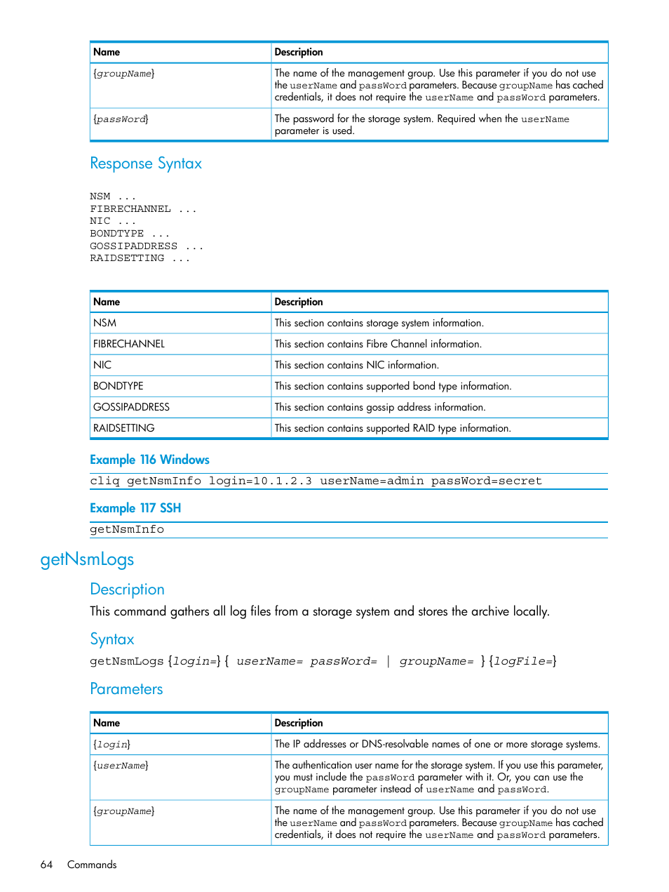 Getnsmlogs, Response syntax, Description | Syntax, Parameters | HP StoreVirtual 4000 Storage User Manual | Page 64 / 122