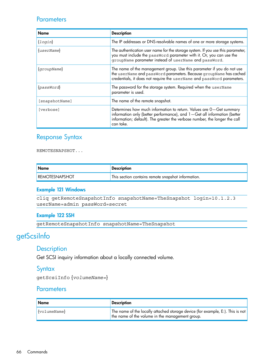 Getscsiinfo, Parameters, Response syntax | Description, Syntax | HP StoreVirtual 4000 Storage User Manual | Page 66 / 122