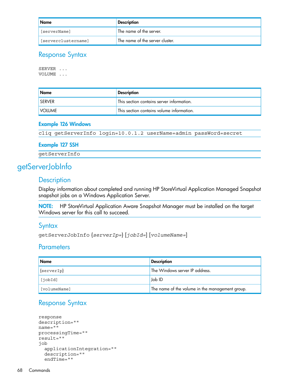 Getserverjobinfo, Response syntax, Description | Syntax, Parameters | HP StoreVirtual 4000 Storage User Manual | Page 68 / 122