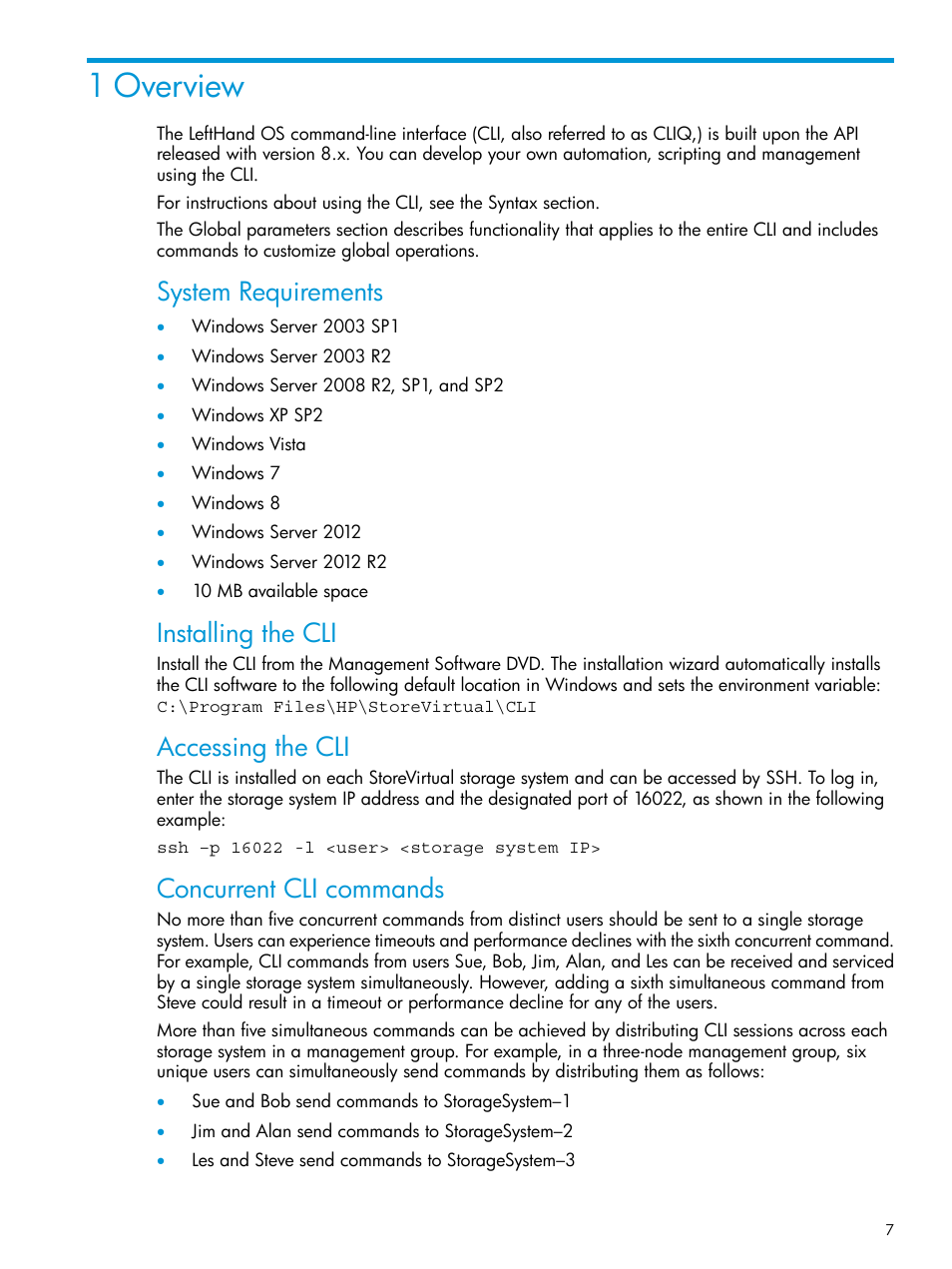 1 overview, System requirements, Installing the cli | Accessing the cli, Concurrent cli commands | HP StoreVirtual 4000 Storage User Manual | Page 7 / 122
