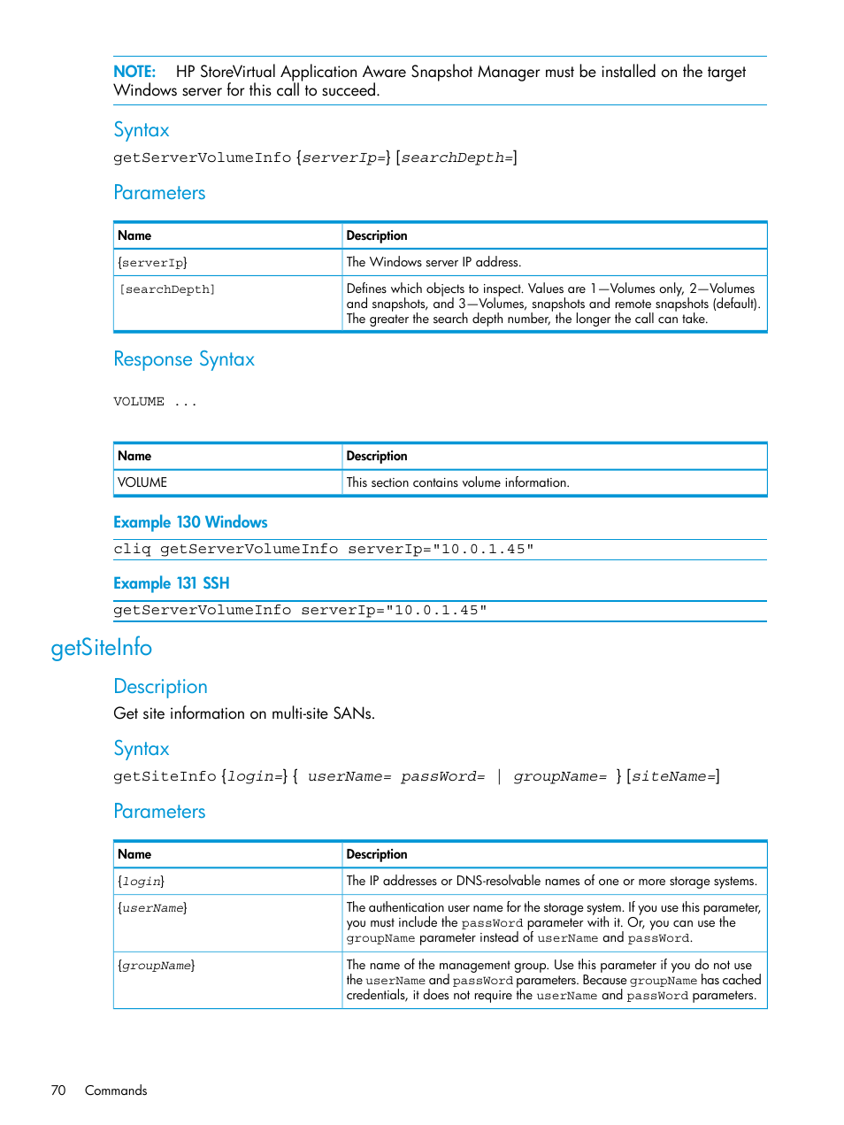 Getsiteinfo, Syntax, Parameters | Response syntax, Description | HP StoreVirtual 4000 Storage User Manual | Page 70 / 122