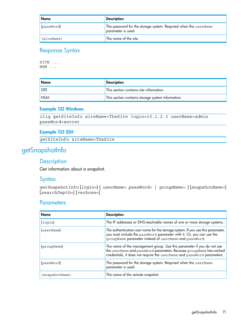Getsnapshotinfo, Response syntax, Description | Syntax, Parameters | HP StoreVirtual 4000 Storage User Manual | Page 71 / 122