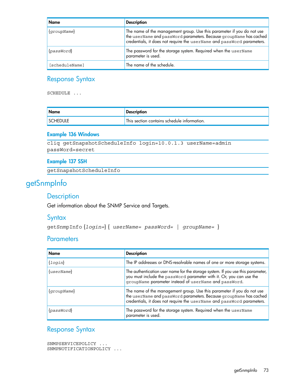 Getsnmpinfo, Response syntax, Description | Syntax, Parameters | HP StoreVirtual 4000 Storage User Manual | Page 73 / 122