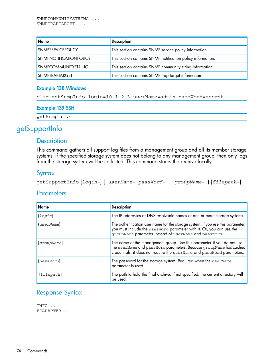 Getsupportinfo, Description, Syntax | Parameters, Response syntax | HP StoreVirtual 4000 Storage User Manual | Page 74 / 122