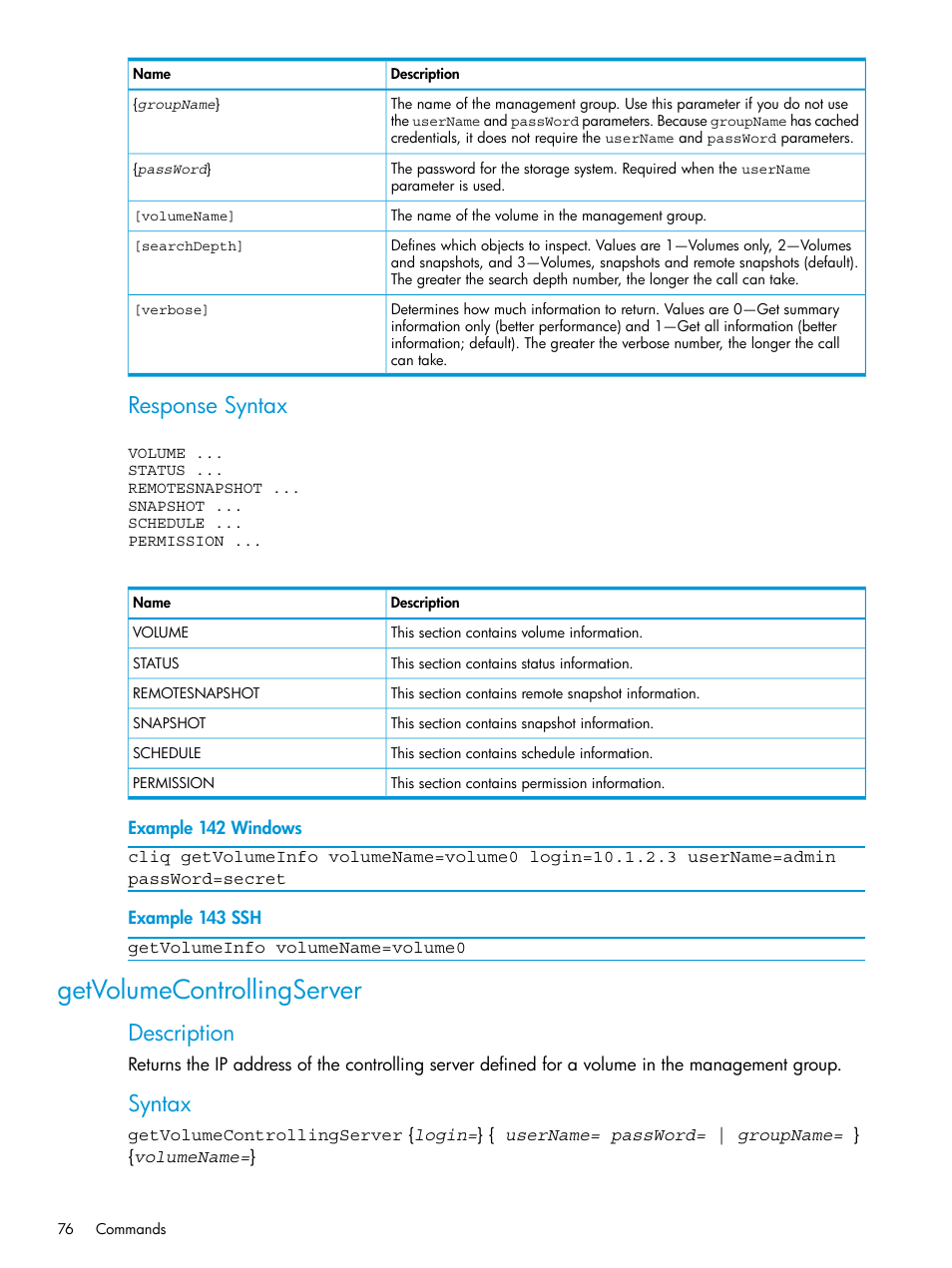 Getvolumecontrollingserver, Response syntax, Description | Syntax | HP StoreVirtual 4000 Storage User Manual | Page 76 / 122