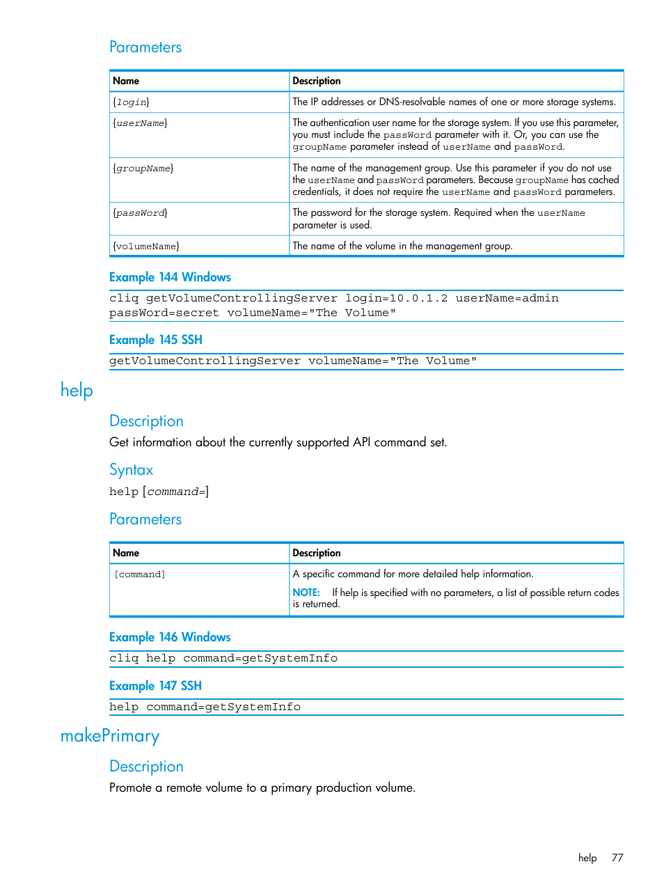 Help, Makeprimary, Help makeprimary | Parameters, Description, Syntax | HP StoreVirtual 4000 Storage User Manual | Page 77 / 122