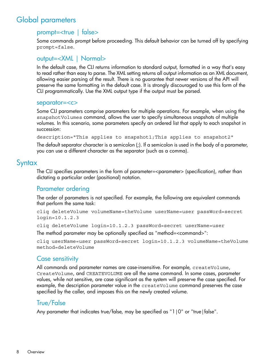 Global parameters, Syntax, Global parameters syntax | Prompt=<true | false, Output=<xml | normal, Separator=<c, Parameter ordering, Case sensitivity, True/false | HP StoreVirtual 4000 Storage User Manual | Page 8 / 122