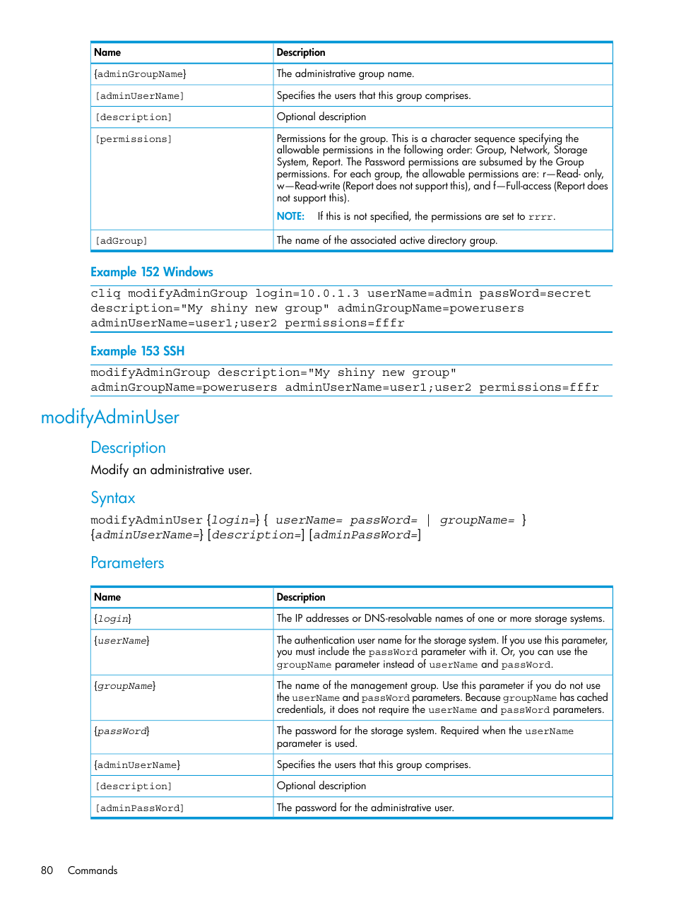 Modifyadminuser, Description, Syntax | Parameters | HP StoreVirtual 4000 Storage User Manual | Page 80 / 122