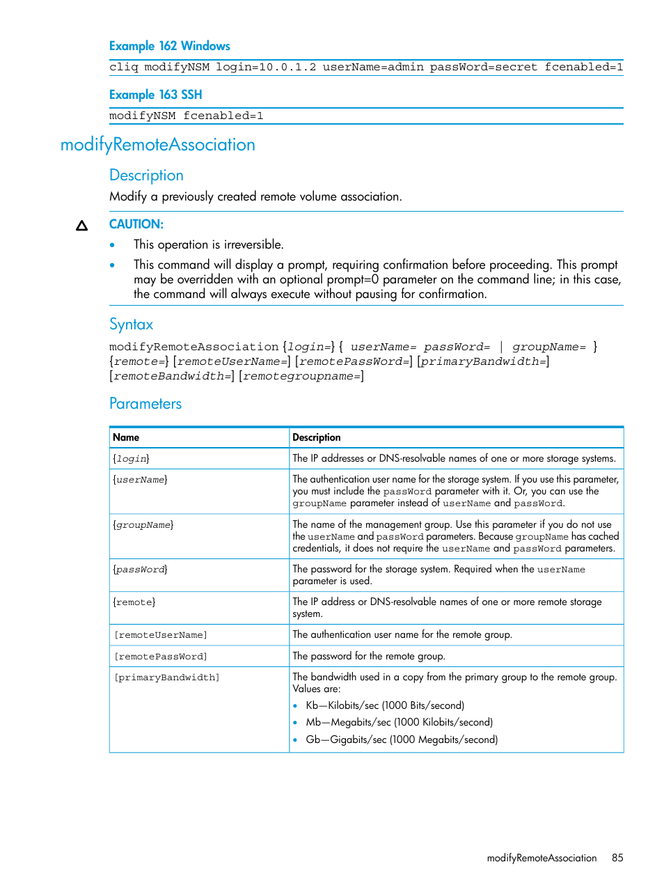 Modifyremoteassociation, Description, Syntax | Parameters | HP StoreVirtual 4000 Storage User Manual | Page 85 / 122