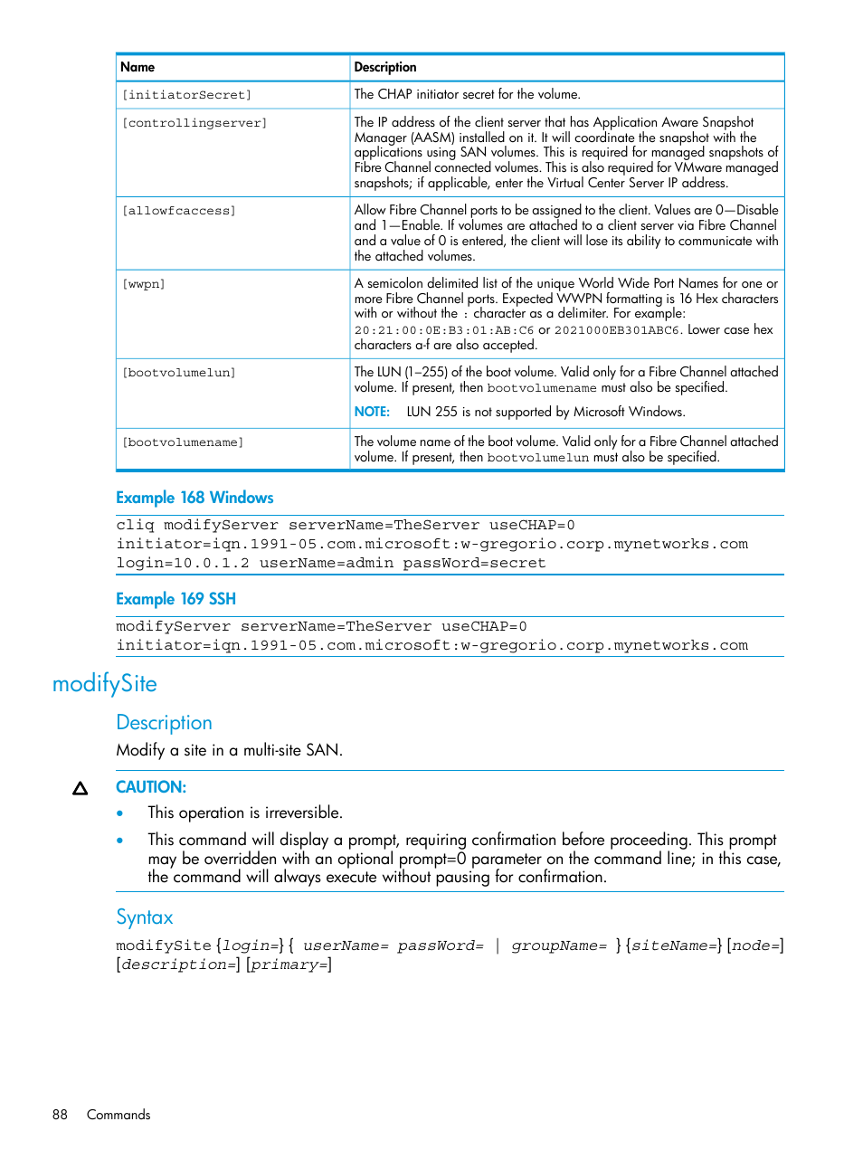 Modifysite, Description, Syntax | HP StoreVirtual 4000 Storage User Manual | Page 88 / 122