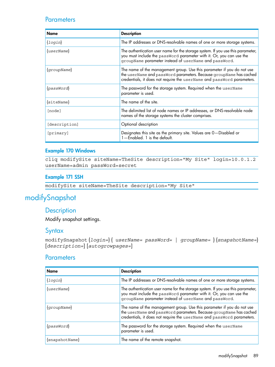 Modifysnapshot, Parameters, Description | Syntax | HP StoreVirtual 4000 Storage User Manual | Page 89 / 122