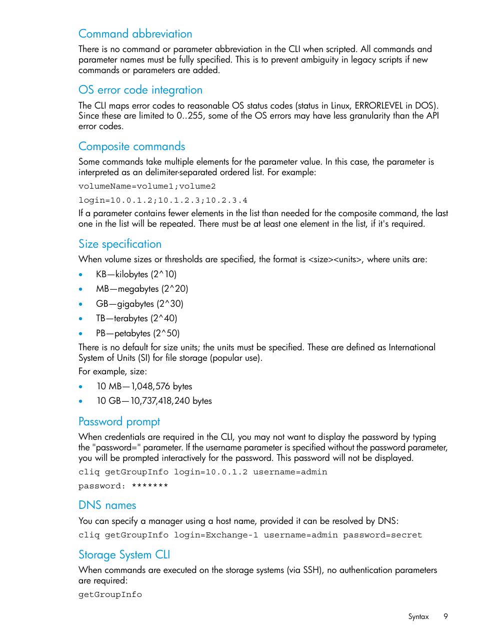 Command abbreviation, Os error code integration, Composite commands | Size specification, Password prompt, Dns names, Storage system cli | HP StoreVirtual 4000 Storage User Manual | Page 9 / 122