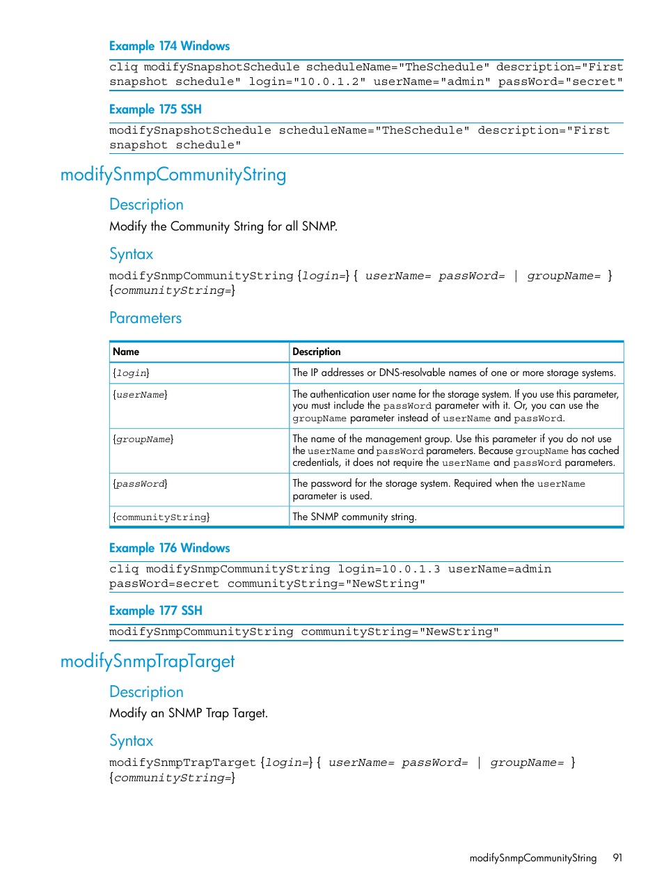 Modifysnmpcommunitystring, Modifysnmptraptarget, Modifysnmpcommunitystring modifysnmptraptarget | Description, Syntax, Parameters | HP StoreVirtual 4000 Storage User Manual | Page 91 / 122