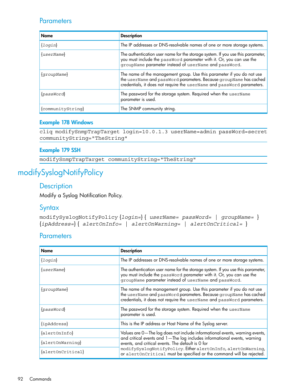 Modifysyslognotifypolicy, Parameters, Description | Syntax | HP StoreVirtual 4000 Storage User Manual | Page 92 / 122