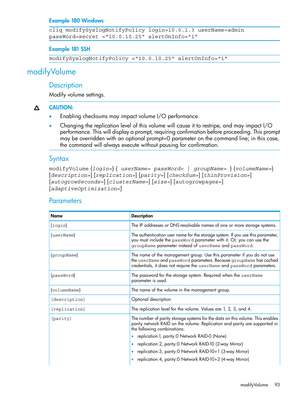 Modifyvolume, Description, Syntax | Parameters | HP StoreVirtual 4000 Storage User Manual | Page 93 / 122