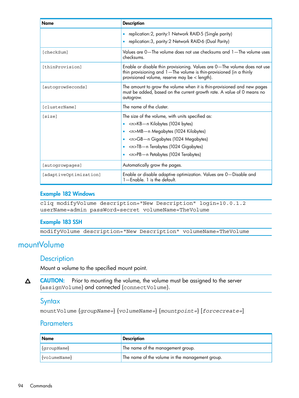 Mountvolume, Description, Syntax | Parameters | HP StoreVirtual 4000 Storage User Manual | Page 94 / 122