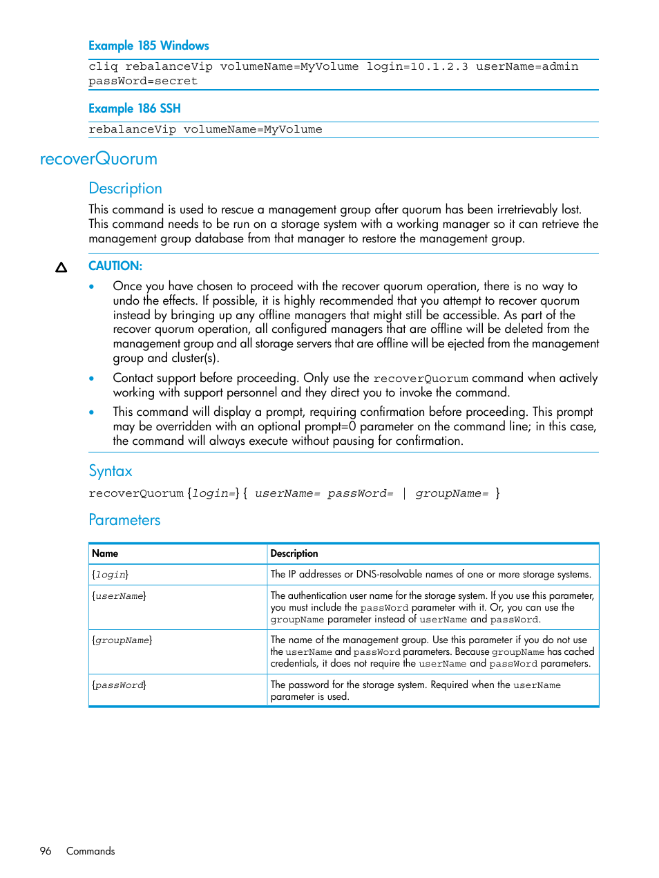 Recoverquorum, Description, Syntax | Parameters | HP StoreVirtual 4000 Storage User Manual | Page 96 / 122