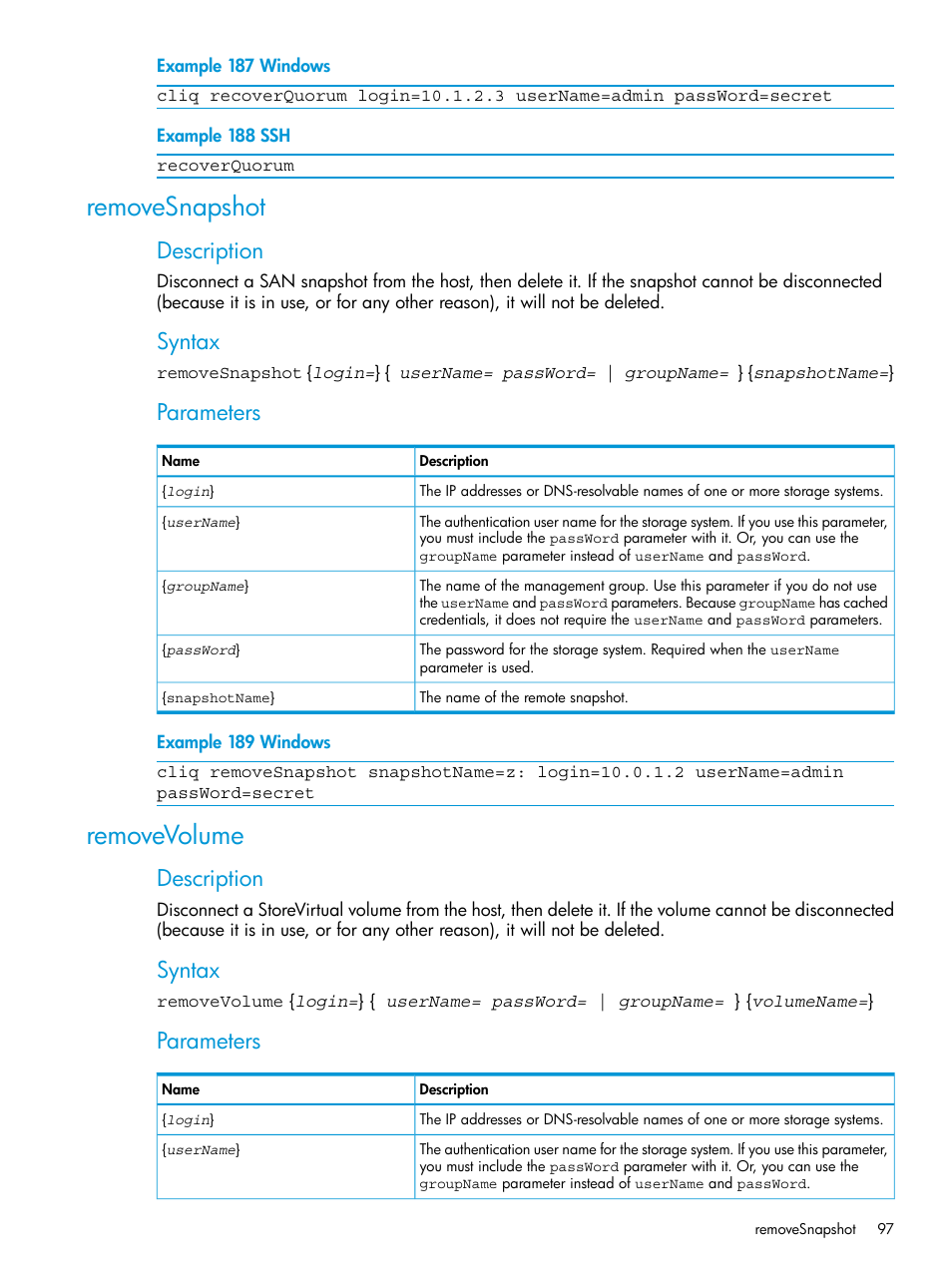 Removesnapshot, Removevolume, Removesnapshot removevolume | Description, Syntax, Parameters | HP StoreVirtual 4000 Storage User Manual | Page 97 / 122