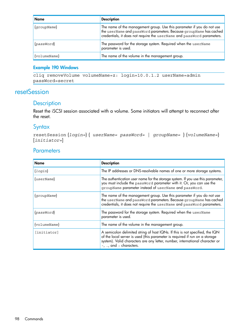 Resetsession, Description, Syntax | Parameters | HP StoreVirtual 4000 Storage User Manual | Page 98 / 122