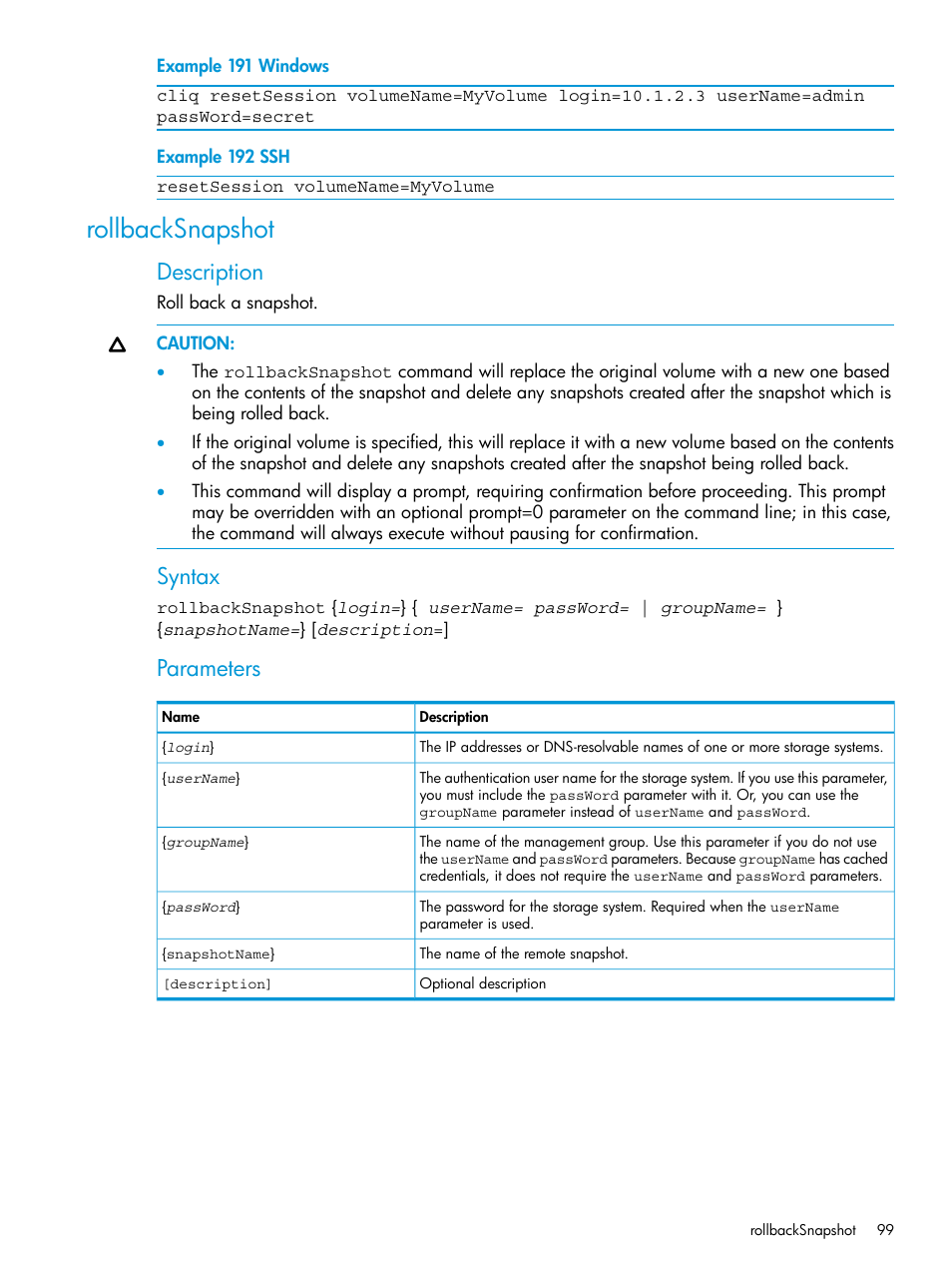 Rollbacksnapshot, Description, Syntax | Parameters | HP StoreVirtual 4000 Storage User Manual | Page 99 / 122